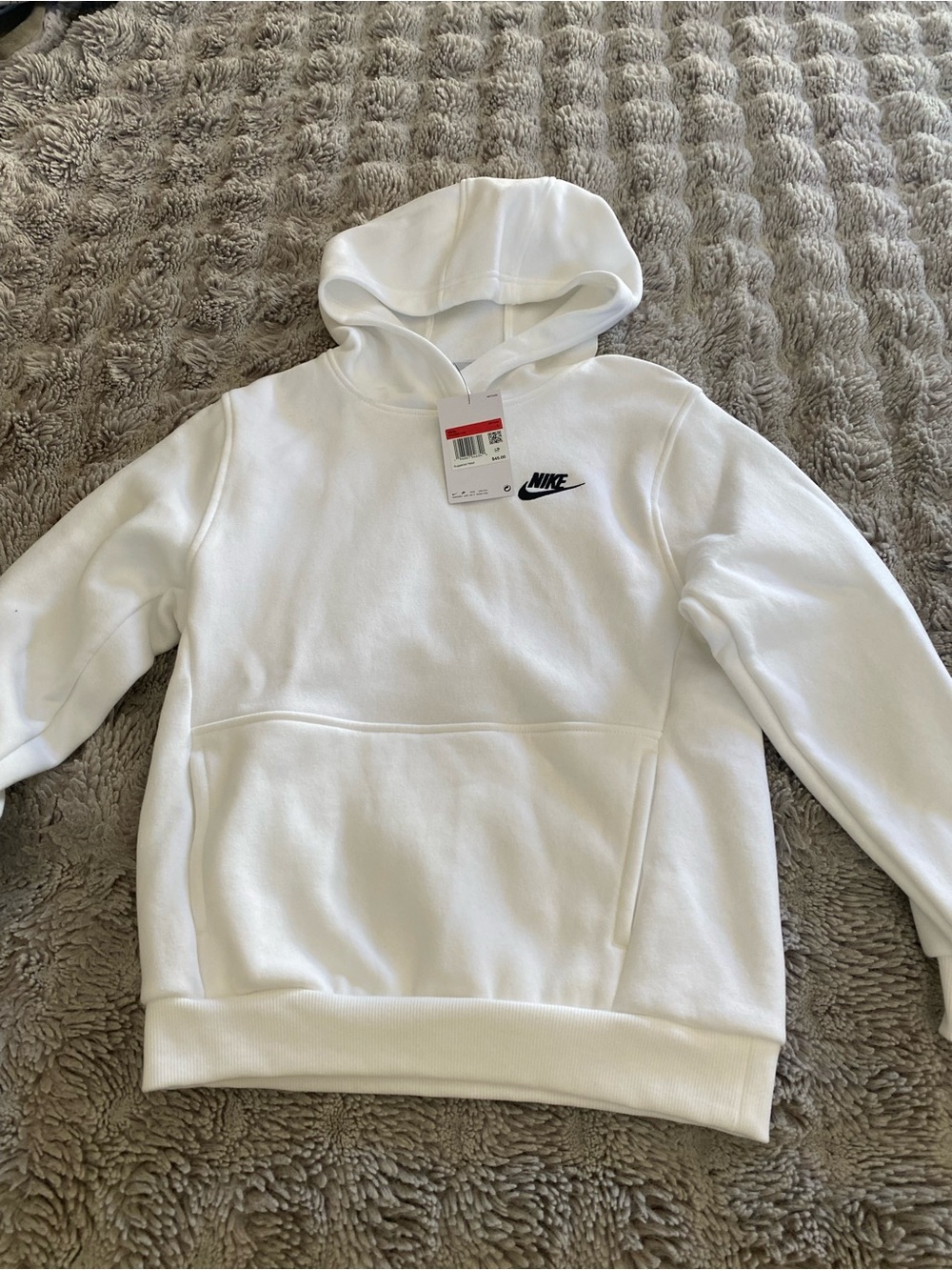 Nike White Men’s Crewneck Pullover Hoodie with Black Swoosh
